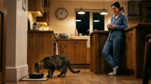  late evening cat meal to stop nighttime running — cat eating late meal in apartment kitchen with owner nearby