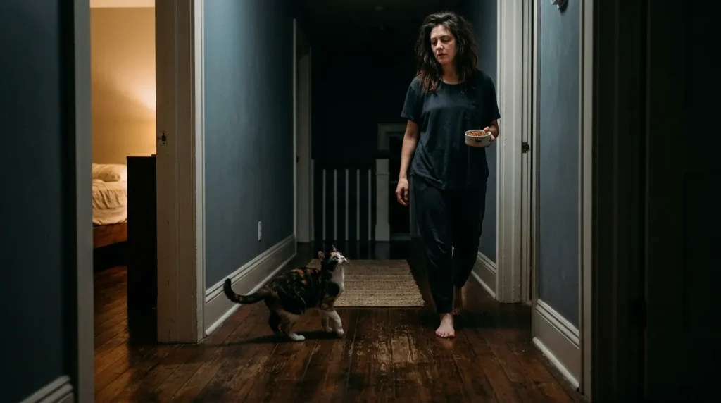 cat nighttime running mistake — owner getting up at 2am with food bowl to respond to sprinting cat in apartment hallway