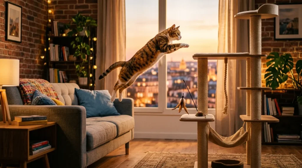 why cat runs around at night reasons — cat mid-leap between couch and cat tree in apartment evening light