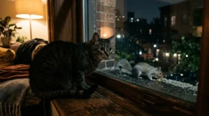indoor cat nighttime excitement trigger — cat staring at squirrel through apartment window with dilated pupils