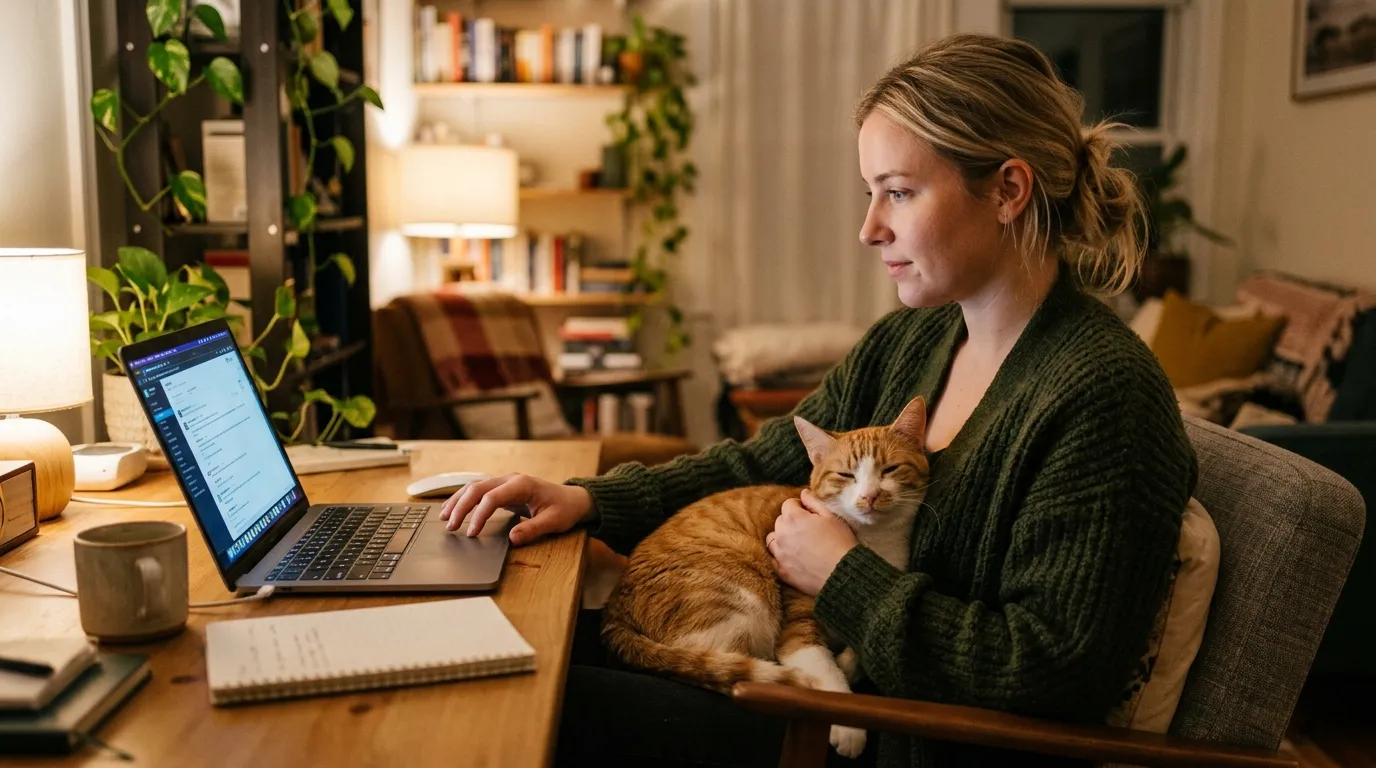 cat attention seeking on laptop — cat sitting on keyboard looking up at owner who is looking back with mild frustration
