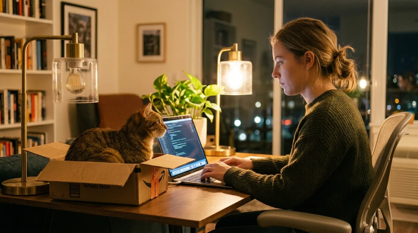 cat batting at laptop keyboard fingers — cat focused on owner's moving fingers while typing in apartment Float direction: LEFT 