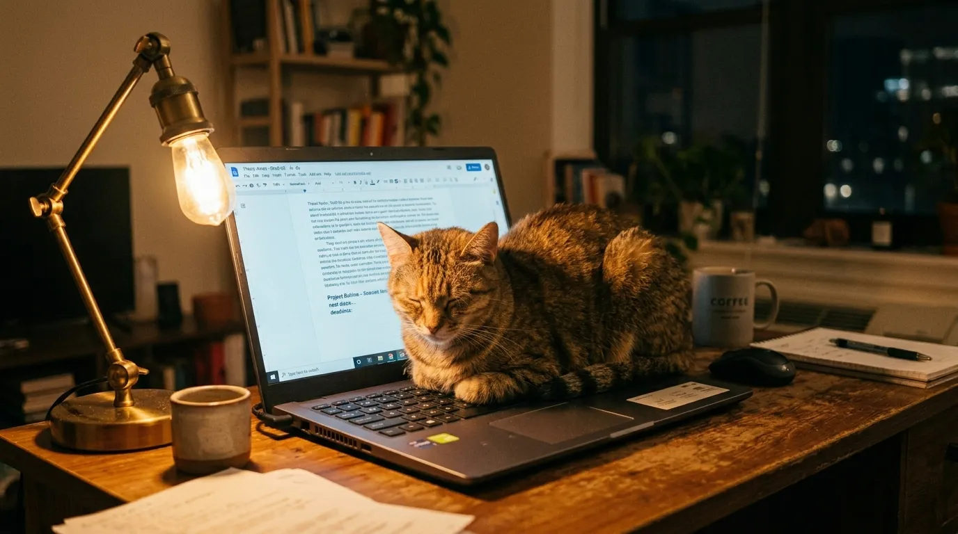 cat sitting on laptop heat source — cat loafed over laptop keyboard vents on apartment desk in warm light