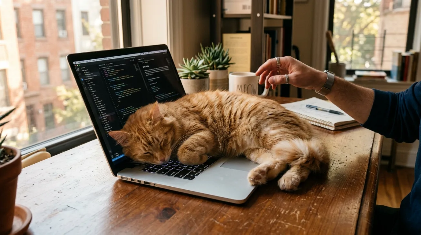 why does cat sit on my laptop — ginger tabby cat sprawled across laptop keyboard on apartment desk with owner's hand paused nearby