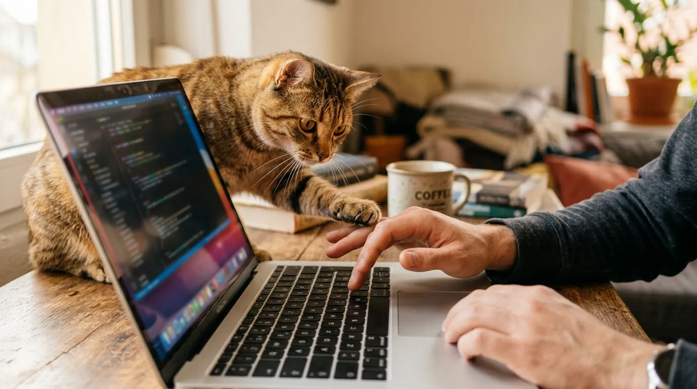 cat social mirroring owner working — cat sitting on box facing same direction as owner at laptop in apartment workspace