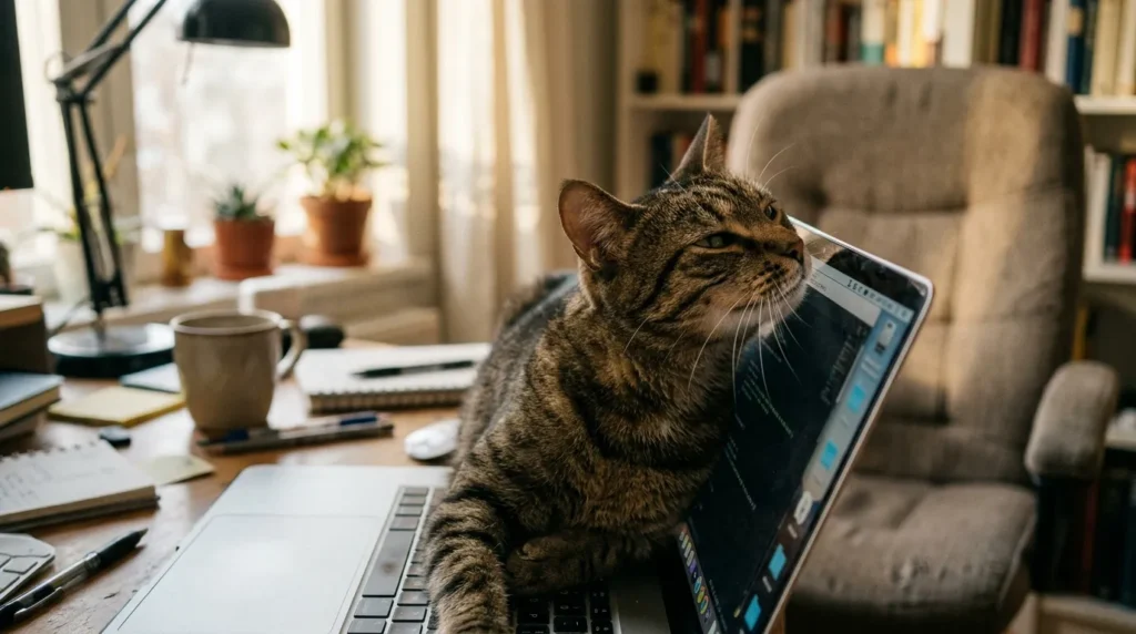  senior cat on laptop for warmth health check — older cat resting stiffly on warm laptop in apartment for joint relief 