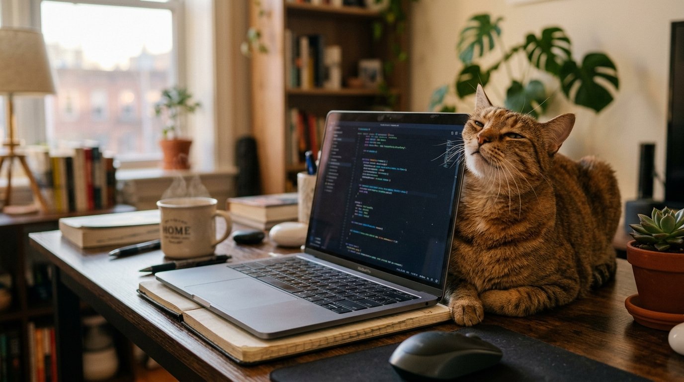 cat marking laptop as territory — cat rubbing face along corner of laptop screen in apartment workspace