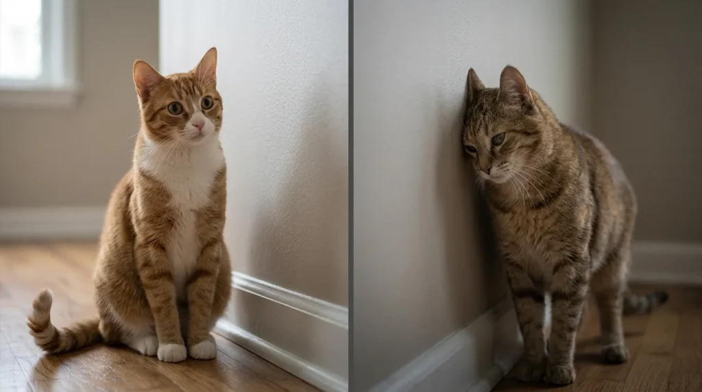 cat staring at wall vs head pressing emergency — alert cat staring beside distressed cat pressing head against wall showing neurological emergency
