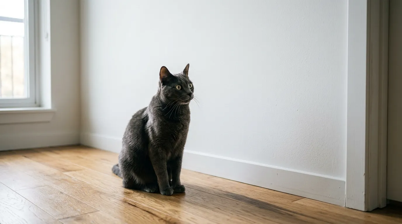 why does cat stare at wall — charcoal gray cat sitting still on apartment floor staring at plain white wall with intense focus