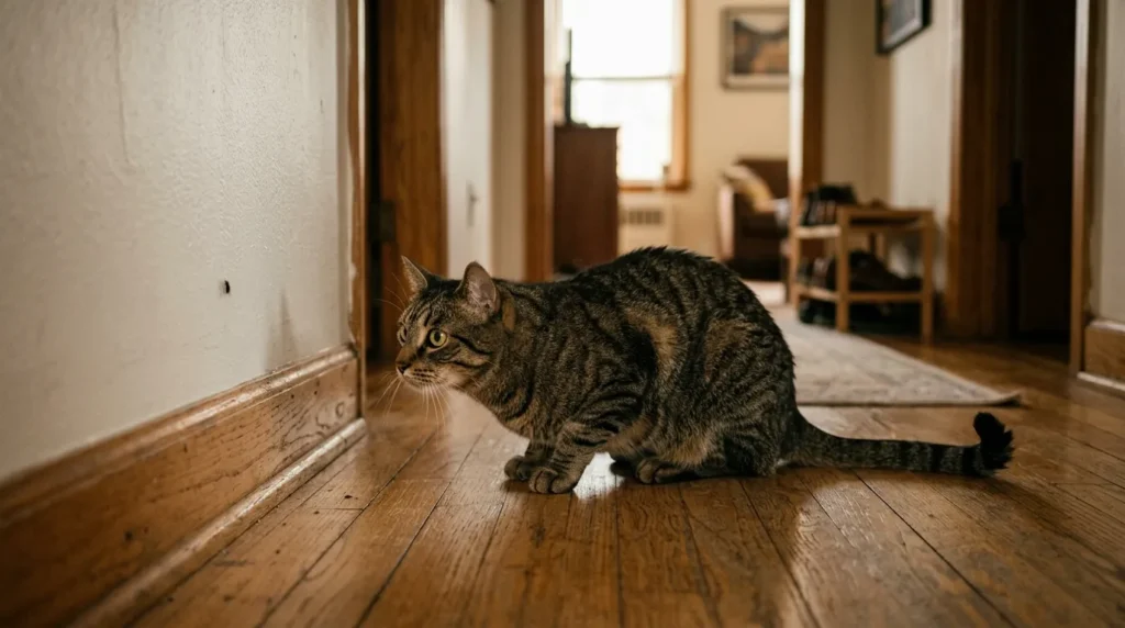 cat predatory trance staring at wall — cat crouching in hunting position tail twitching focused on tiny shadow on apartment wall 