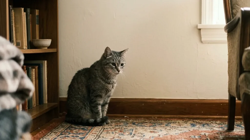 senior cat staring at wall cognitive decline — older cat with blank unfocused expression sitting in apartment corner