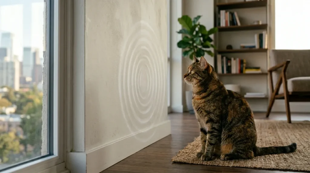 cat staring at wall senses — cat with ears rotated forward detecting sounds from behind apartment wall