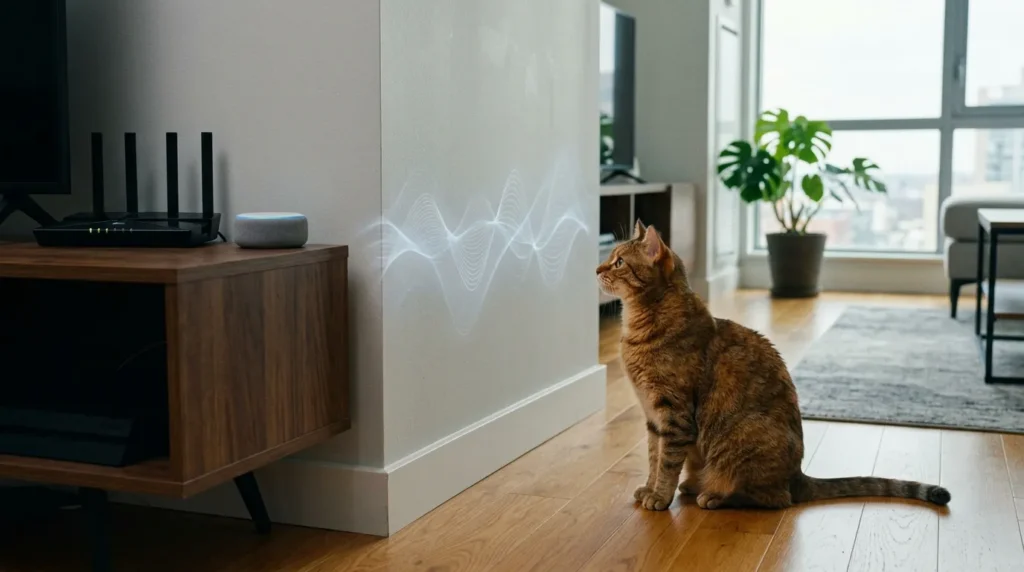 cat staring at wall smart home devices — cat focused on apartment wall near wifi router emitting frequencies only cat can detect 