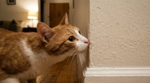 cat sniffing wall detecting UV residue — cat with nose close to apartment wall surface investigating pheromone information