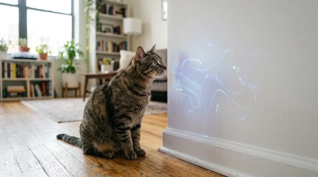 cat staring at wall ultraviolet vision — cat examining apartment wall that shows UV-visible residue patterns invisible to humans