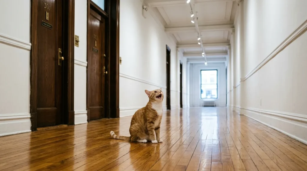 apartment acoustics indoor cat meowing — cat vocalizing in hardwood floor apartment hallway enjoying echo effect