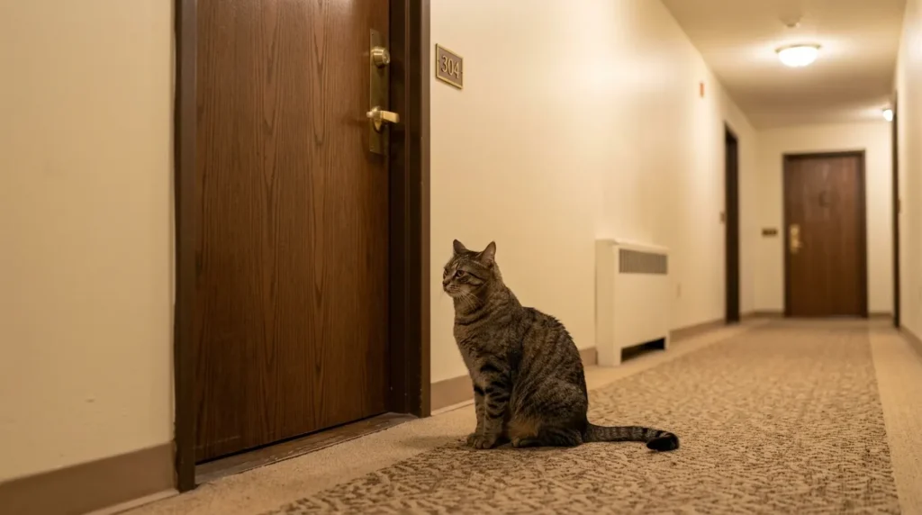 indoor cat barrier frustration meowing at door — cat sitting frustrated in front of closed apartment door 