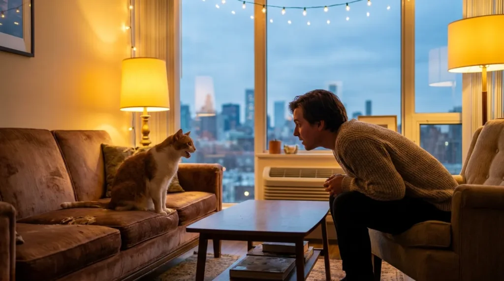 indoor cat meowing to communicate with humans — cat looking at owner across apartment with mouth open