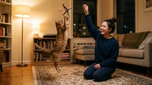 evening play to stop indoor cat meowing at night — owner playing feather wand with leaping cat before bedtime