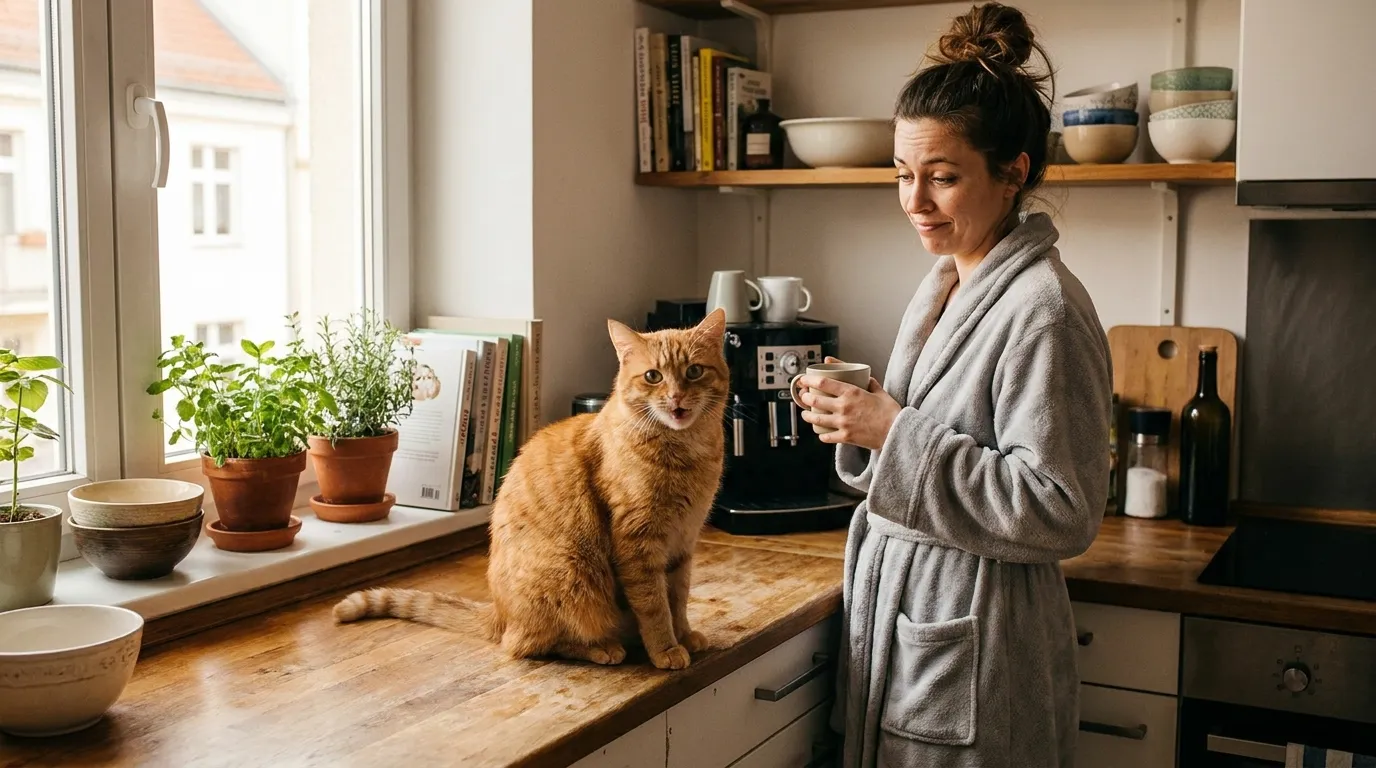 why does indoor cat meow so much — cat mid-meow on apartment kitchen counter looking at owner