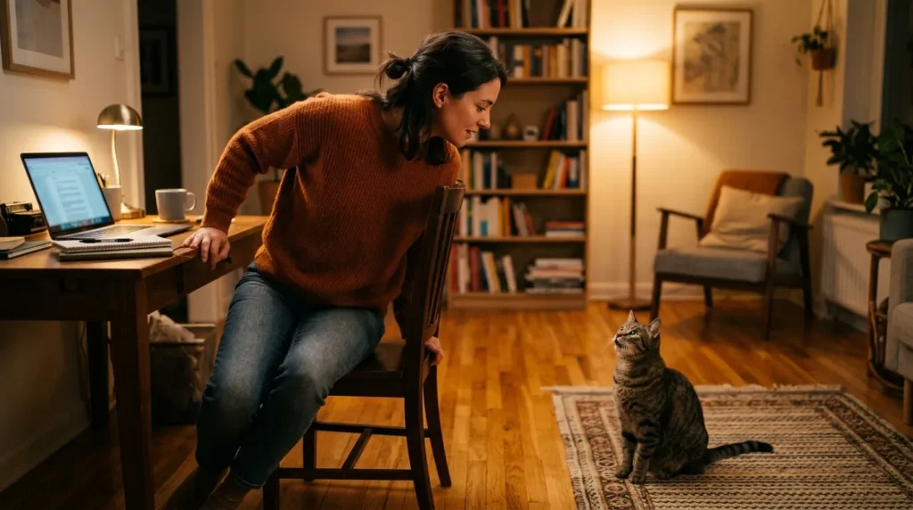 learned cat meowing behavior — owner getting up from desk in response to cat meow in apartment