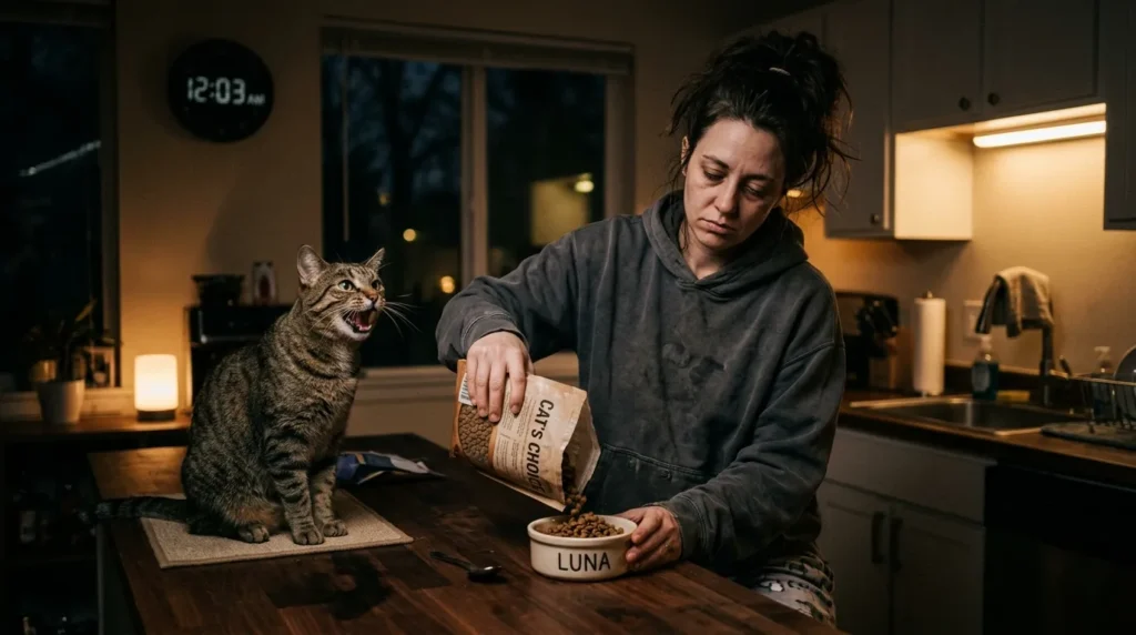 mistake that makes indoor cat meow more — owner filling food bowl at midnight in response to cat meowing