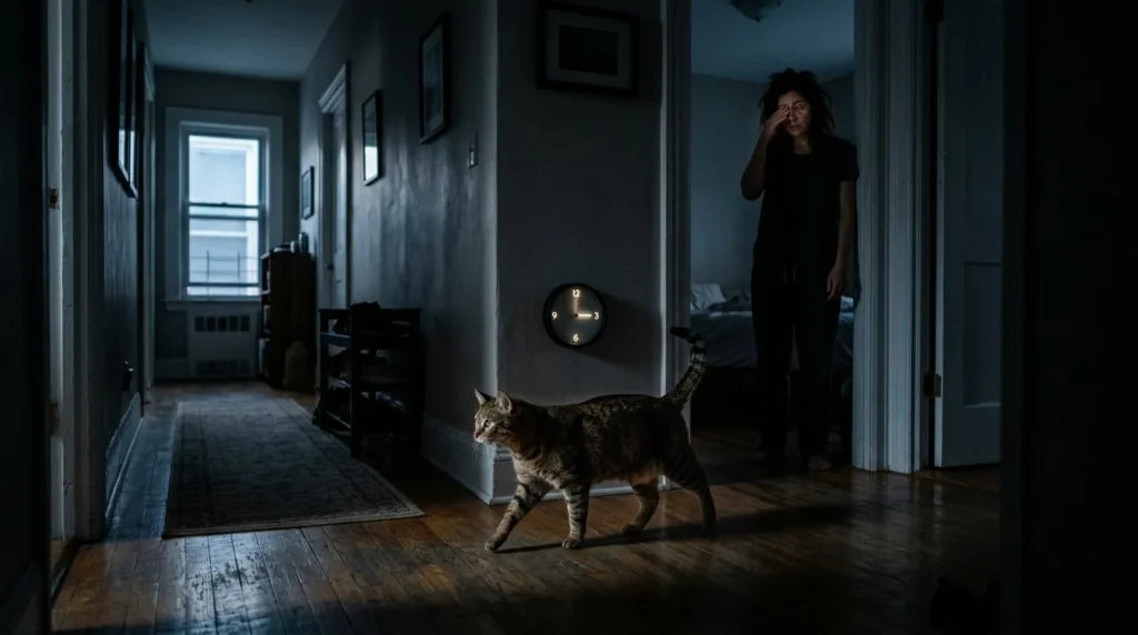 indoor cat meowing at night crepuscular instinct — cat pacing alert apartment hallway at 3am