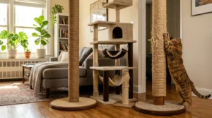 good scratching post for indoor cats — tall stable sisal post with wide base in apartment living room