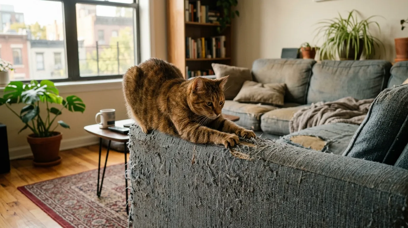 why does indoor cat scratch furniture — cat actively scratching fabric couch arm in apartment living room