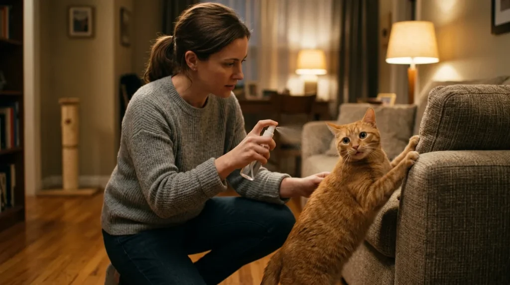 furniture scratching mistake — owner spraying deterrent at cat while scratching post sits unused in corner