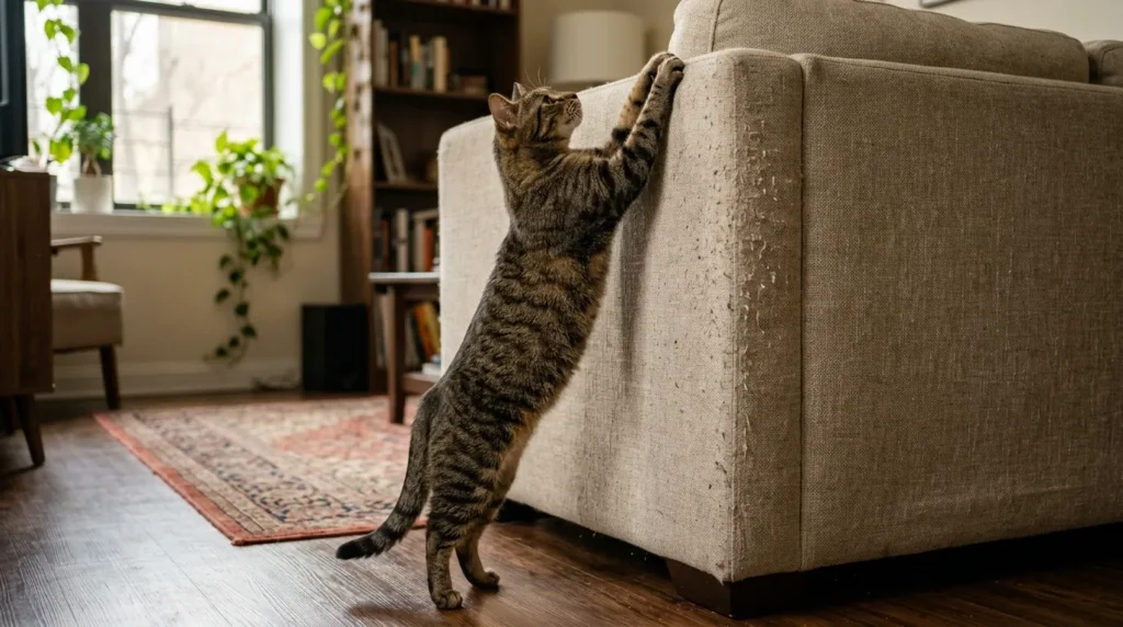 why indoor cat scratches furniture reasons — cat stretching fully upright against apartment sofa