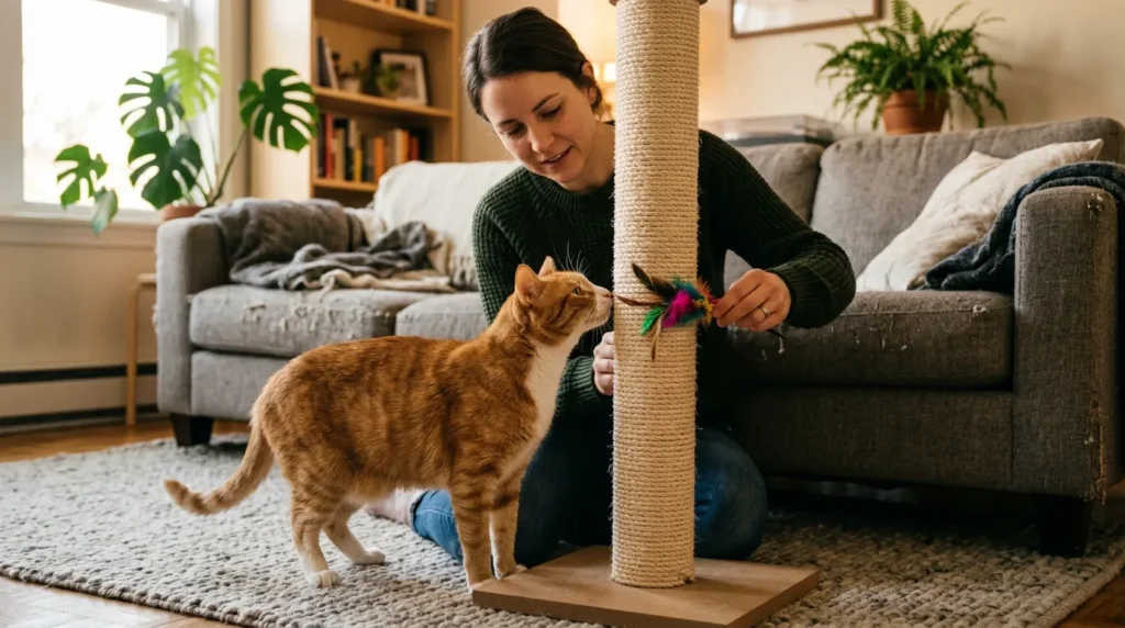 redirect cat from scratching furniture — owner making sisal post appealing to cat placed beside sofa