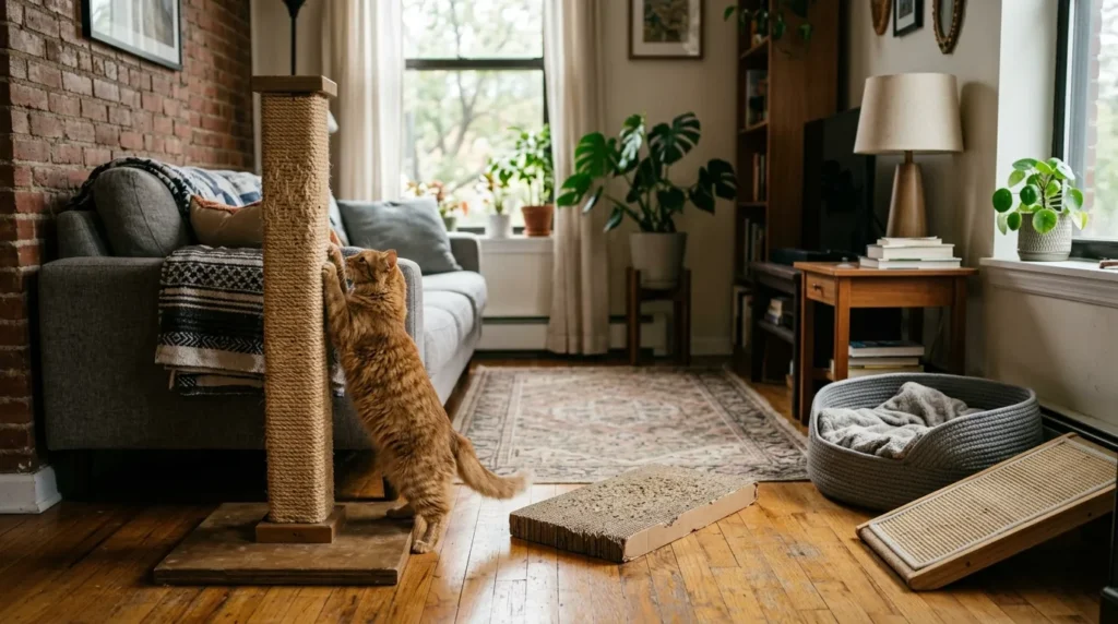 cat scratcher types comparison — vertical sisal post cardboard horizontal scratcher and sisal mat in apartment 
