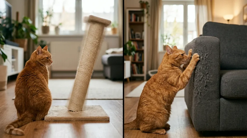 why indoor cat prefers couch over scratching post — cat ignoring wobbly post beside scratching sofa arm