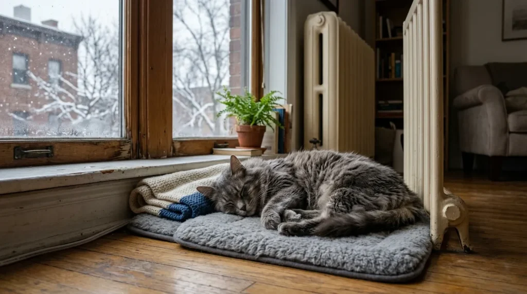 senior indoor cat sleep increase — older gray cat sleeping on heated mat near radiator in winter apartment 