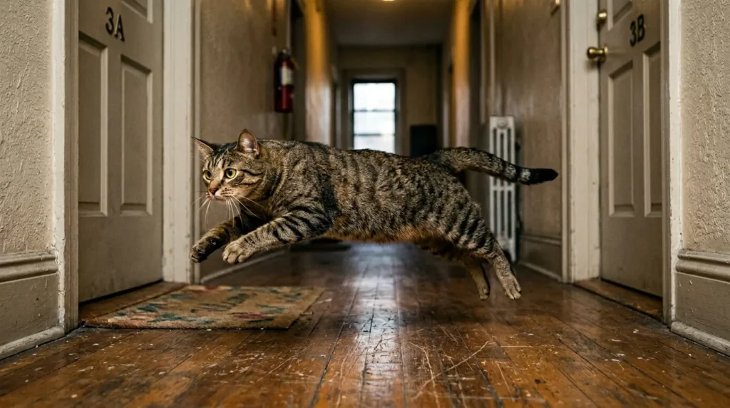 why indoor cats sleep so much biology — tabby cat mid-pounce after toy in apartment hallway