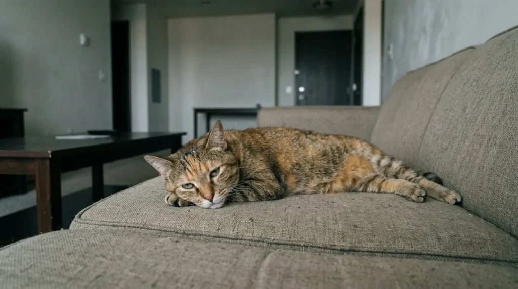 indoor cat boredom sleep — bored cat lying on bare couch with nothing to do in unstimulated apartment 