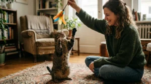 enrichment reduces indoor cat sleep — owner engaging tabby cat with feather wand in apartment