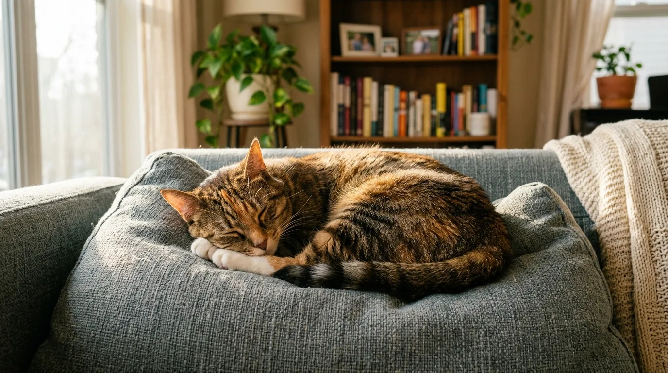 Why Does Indoor Cat Sleep So Much? — tabby cat deeply asleep on couch cushion in afternoon sunlight