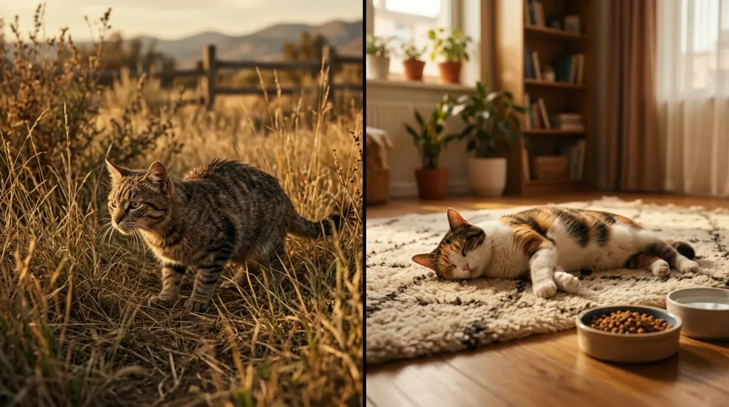  indoor vs outdoor cat sleep — outdoor cat alert in grass compared to indoor cat sleeping on rug