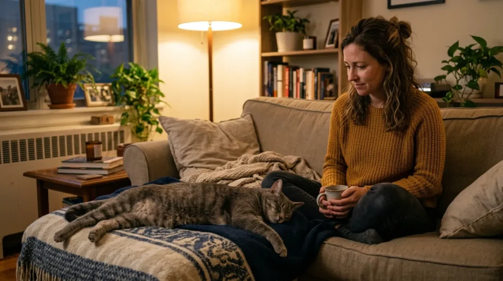  how much do indoor cats sleep — owner watching deeply sleeping gray cat on apartment couch