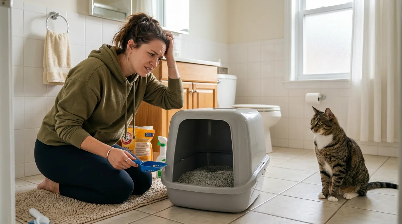 why does litter box smell after cleaning — owner sniffing a freshly cleaned litter box with a confused frustrated expression while a cat watches from nearby