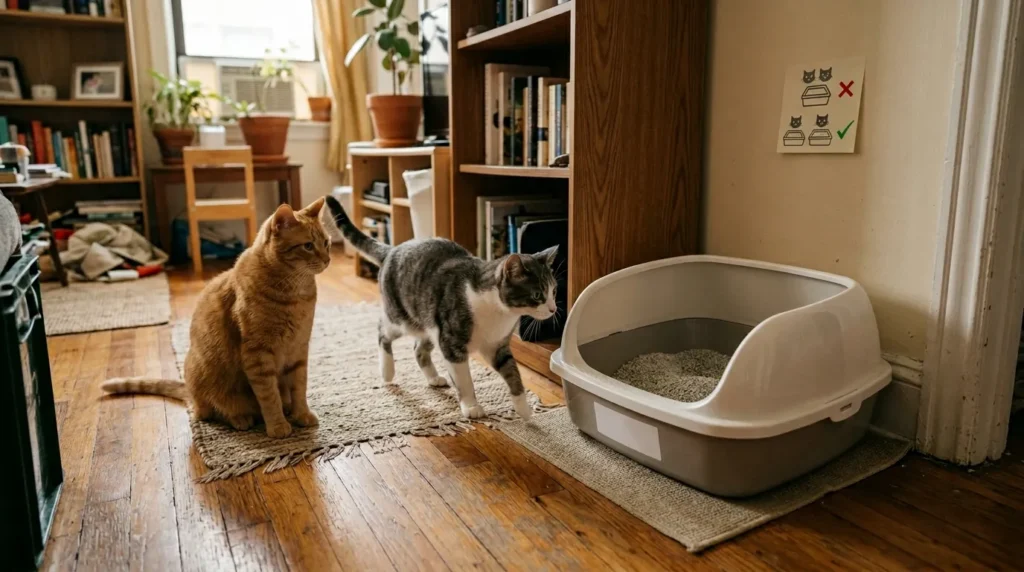 multi-cat litter box smell after cleaning — two cats waiting to use a single litter box showing insufficient number of boxes for household size