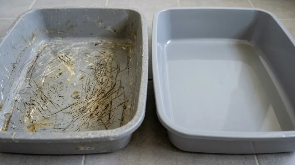 litter box smell after cleaning plastic scratches — close-up of scratched plastic litter box interior showing microscopic grooves where bacteria hide