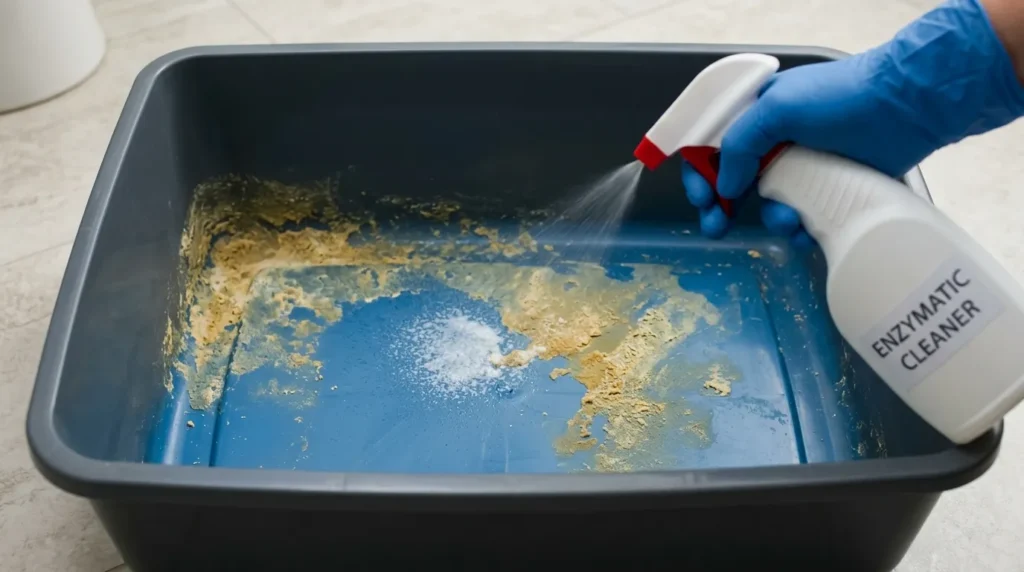 litter box urine residue smell — litter box base with sticky yellow residue buildup visible after litter removal showing incomplete cleaning