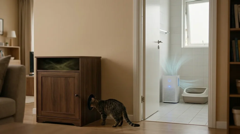 litter box smell from poor ventilation — covered litter box inside a closed cabinet in a small apartment showing trapped odor setup