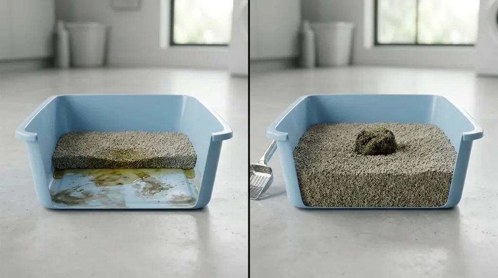 litter box smell from wrong litter depth — side by side showing shallow one-inch litter with urine reaching the box base and correct three-inch depth absorbing properly
