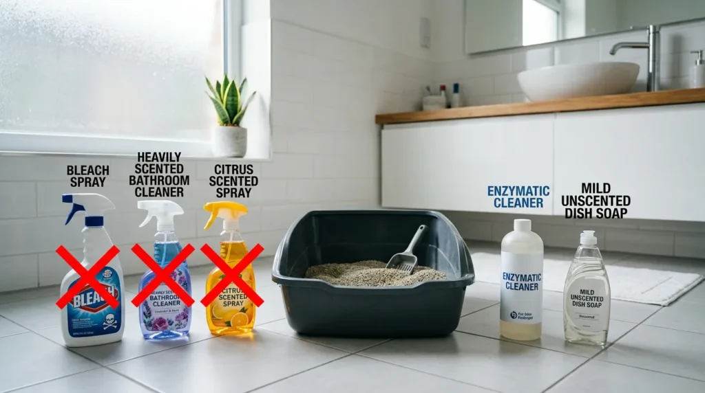 wrong litter box cleaning products — bleach spray and scented cleaner bottles beside a litter box showing products that make odor worse for cats