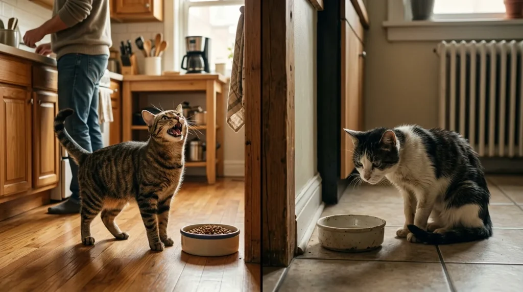 indoor cat always hungry behavioral vs medical — healthy cat begging at half-full bowl versus thin lethargic cat at empty bowl