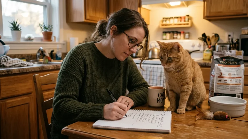 why is my indoor cat always hungry eight causes — owner writing hunger causes in notebook with tabby cat looking on in apartment kitchen